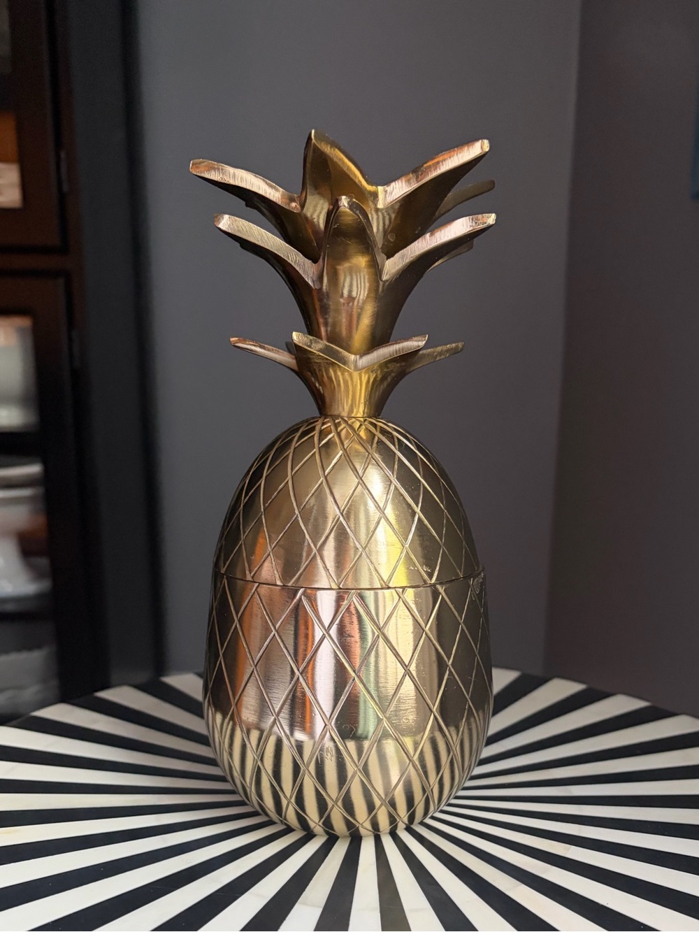 Gold-Tone Metal Pineapple Lidded Box & Candle Holder 10”
